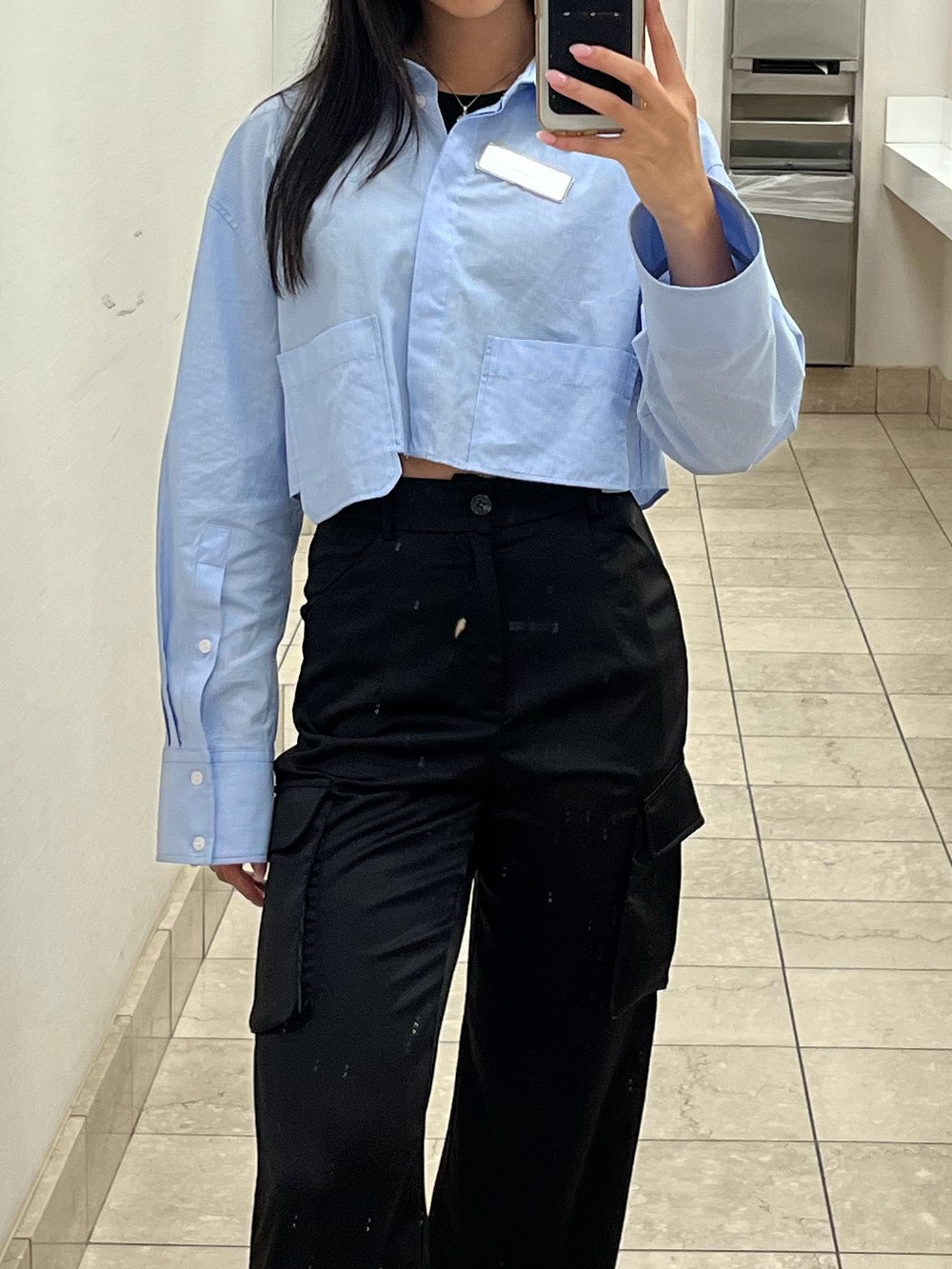 Zara Pale Blue Cropped Striped Poplin Shirt